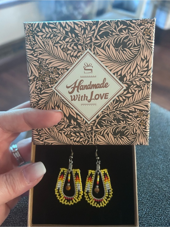 Handmade Jewelry - Handmade Seed Bead Dangle Earrings Yellow White Southwestern Boho